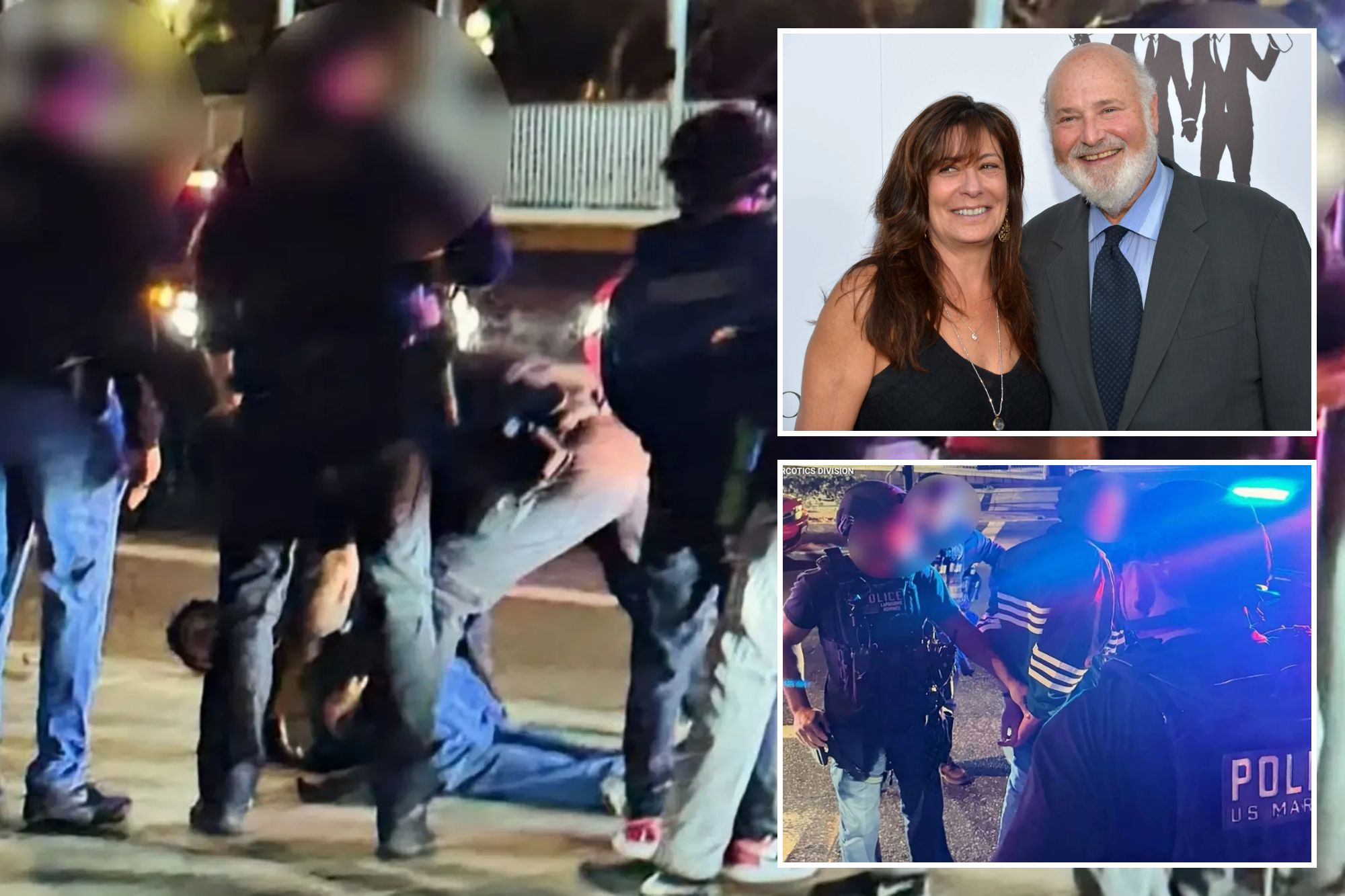 An image collage containing 3 images, Image 1 shows Police officers detaining a person on the ground, Image 2 shows Hilton Hosts Wedding Celebration Of Paul Katami And Jeff Zarrillo, Image 3 shows Arrest in connection to the deaths of Rob Reiner and Michele Singer Reiner
