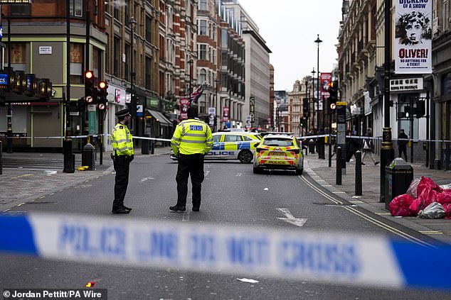 Pictured: The scene on Shaftesbury Avenue in central London after a car was driven onto the pavement