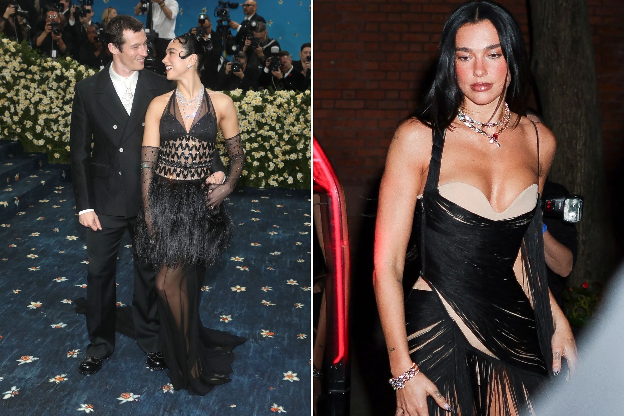 An image collage containing 2 images, Image 1 shows Callum Turner and Dua Lipa on the 2025 Met Gala red carpet, Image 2 shows Dua Lipa attends Harper's Bazaar Icons Dinner during NYFW