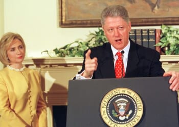 At the time of the survey, former president Bill Clinton was facing impeachment. He is pictured here addressing the Monica Lewinsky Scandal in 1998