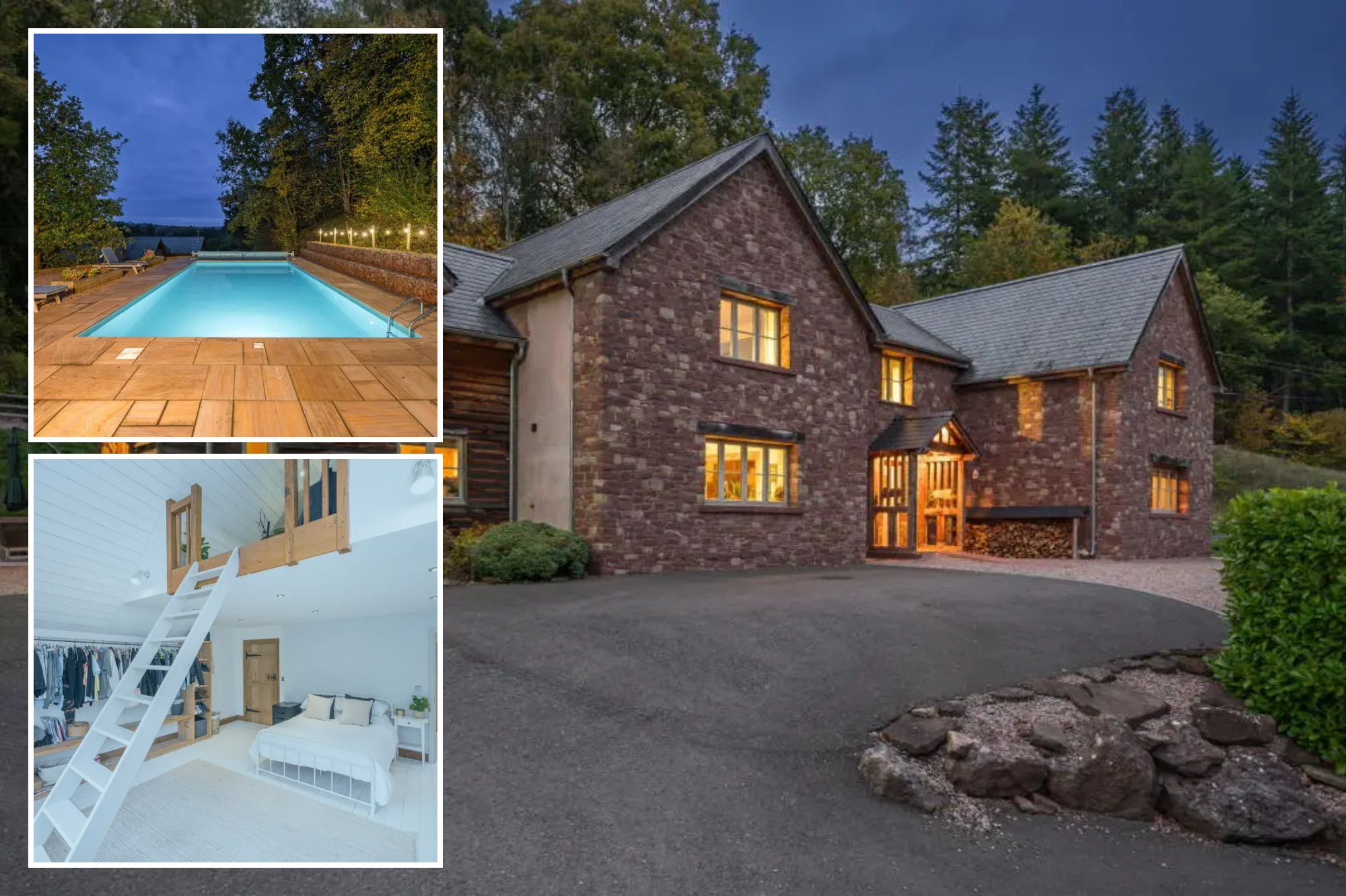 An image collage containing 3 images, Image 1 shows The Old Priory house with a wooden facade and stone sections, illuminated by warm lights from within, at dusk, Image 2 shows The swimming pool area of The Old Priory, Image 3 shows A bedroom with a loft accessible by a white wooden ladder, a bed, a closet, and a bathroom
