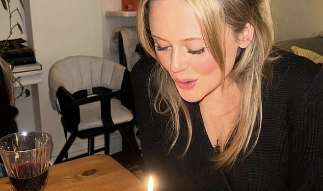 Emily Atack joked she was now accepting 'ibuprofen as a gift' after waking up bleary-eyed on her 36th birthday on Thursday