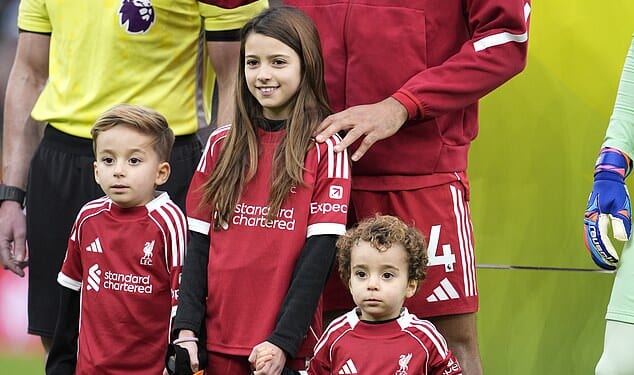 Diogo Jota's sons - Dinis and Duarte - led Liverpool out at Anfield alongside captain Virgil van Dijk