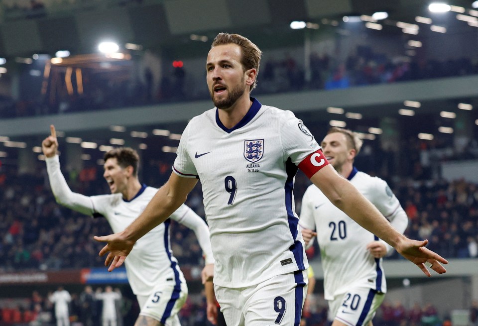 England's Harry Kane celebrates scoring against Albania.