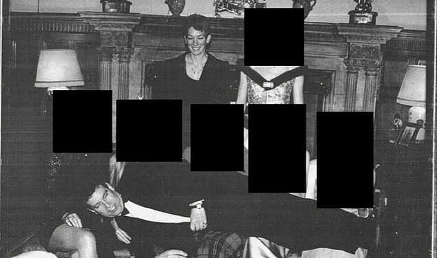 The former Prince Andrew pictured lying across five women. The context of the photograph remains unknown (Maxwell pictured back row, left)