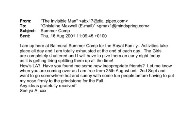 An email signed 'A' to Ghislaine Maxwell has been included in the Epstein files