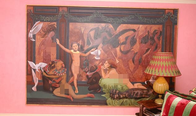 Pictured: The 'Coming of Age Ceremony' mural that was discovered in Jeffrey Epstein's New York mansion on the Upper East Side of Manhattan