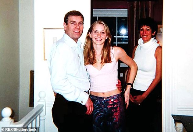 Prince Andrew (left), with his arm around Virginia Roberts aka Virginia Giuffre (centre), and British socialite and heiress, Ghislaine Maxwell (right)