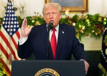 President Donald Trump addresses the nation Wednesday from the Diplomatic Reception Room of the White House in Washington, D.C.