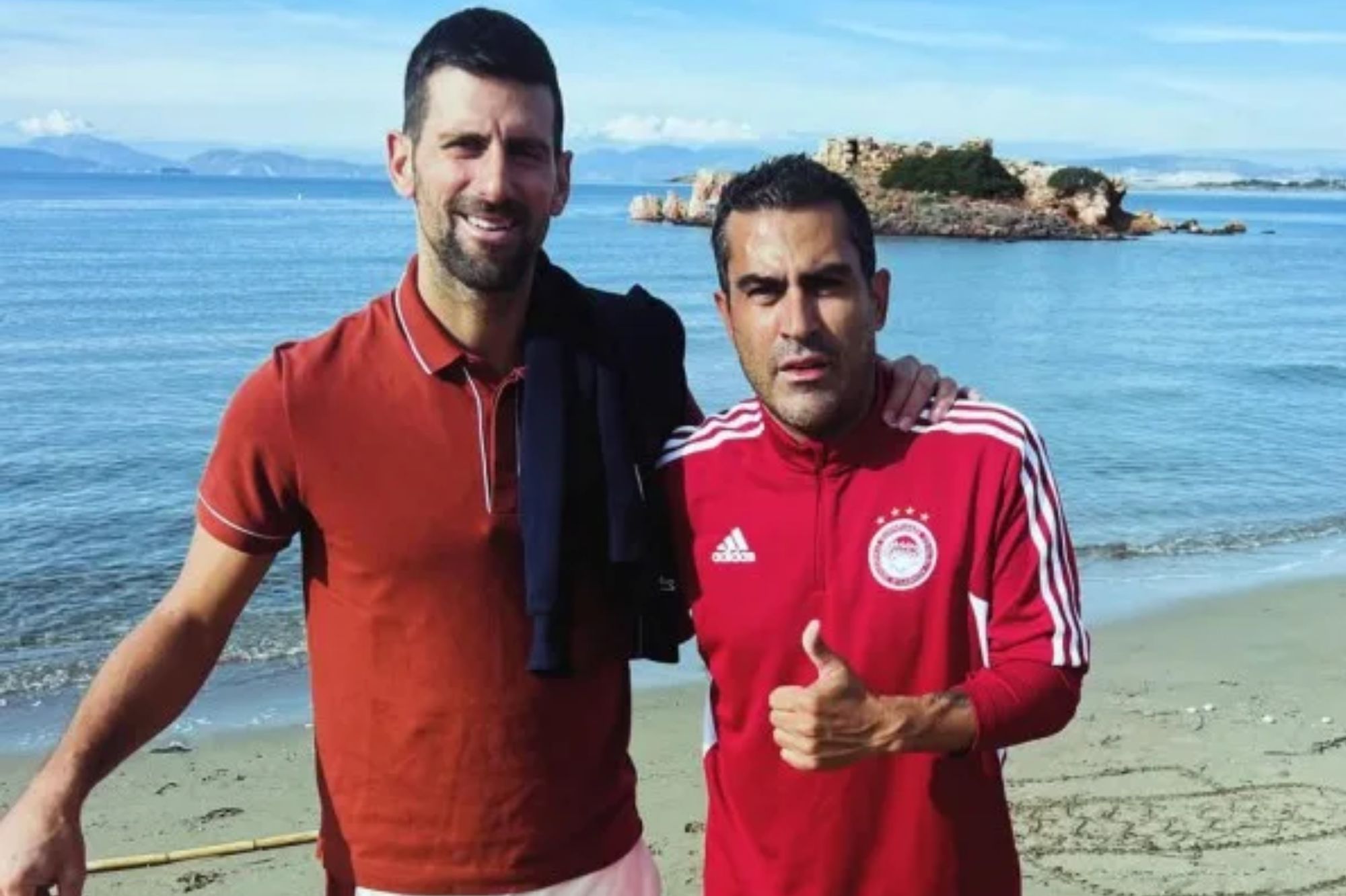 An image collage containing 1 images, Image 1 shows Novak Djokovic and Giorgos Karagounis standing on a beach