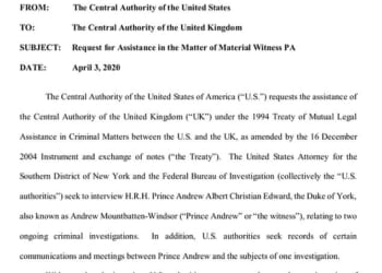 The formal request for interview was released by the US government as part of its latest cache of documents relating to the Jeffrey Epstein investigation