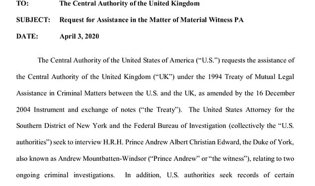 The formal request for interview was released by the US government as part of its latest cache of documents relating to the Jeffrey Epstein investigation
