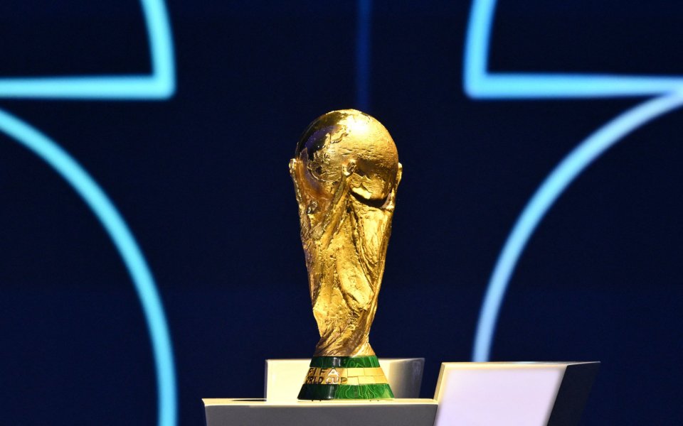 The FIFA World Cup trophy on display.