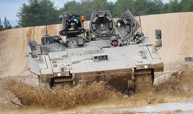 An Ajax Ares Armoured Fighting Vehicle on the training range at Bovington Camp, a British Army military base