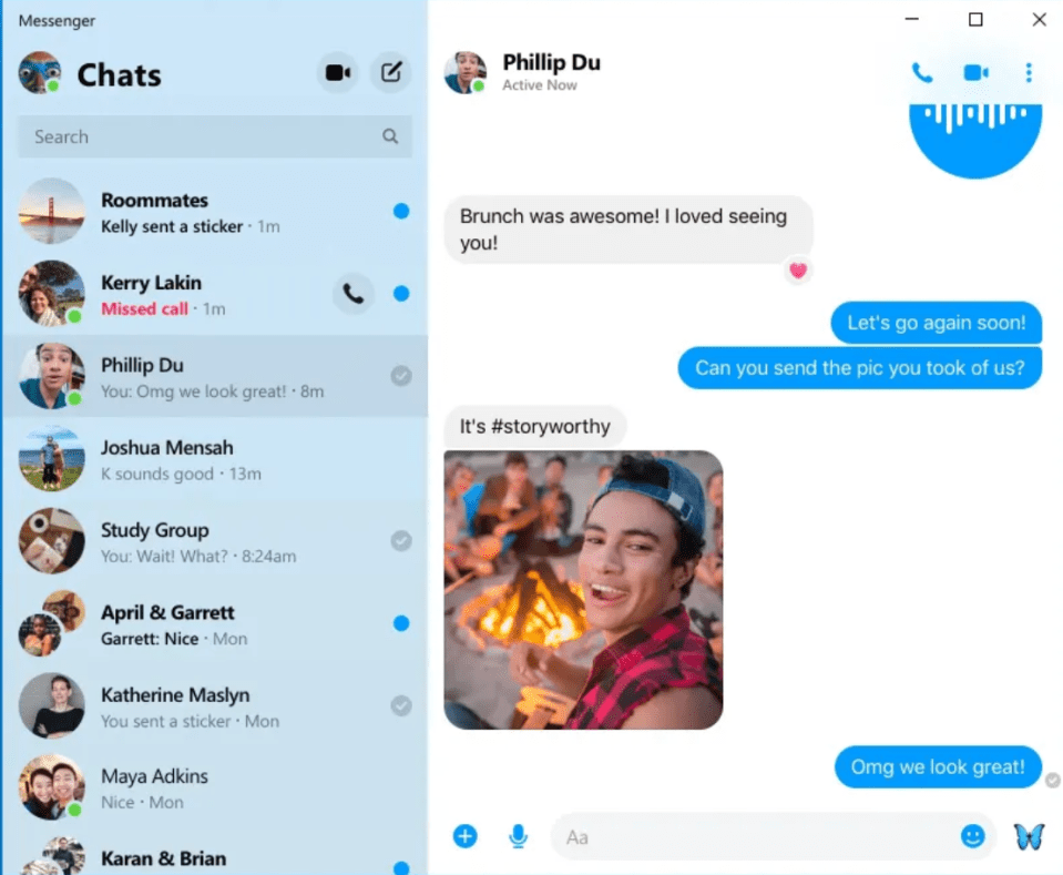 A screenshot of a Messenger chat window with a conversation between two people, and a photo of a young man smiling in front of a campfire with other people in the background.