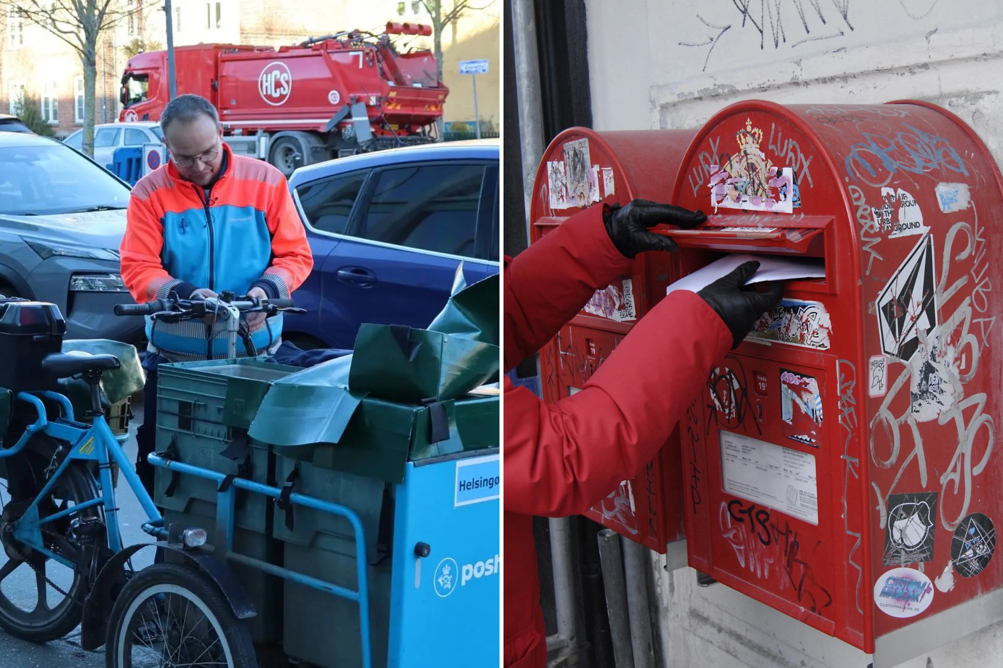 An image collage containing 2 images, Image 1 shows NINTCHDBPICT001048677180, Image 2 shows Female in black gloves and red coat putting a letter in a red PostDanmark post box covered in graffiti