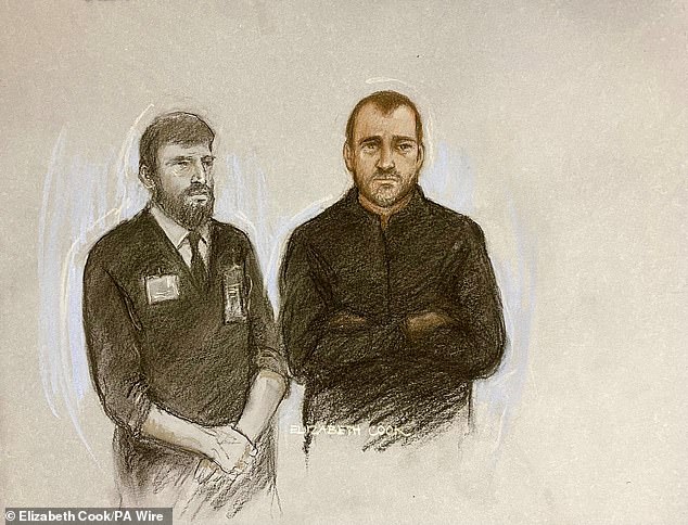 Young, seen here in a court sketch, appeared before Swindon Magistrates¿ Court today charged with 11 counts of rape, seven counts of sexual assault, and four counts of sexual touching, all involving his ex-wife