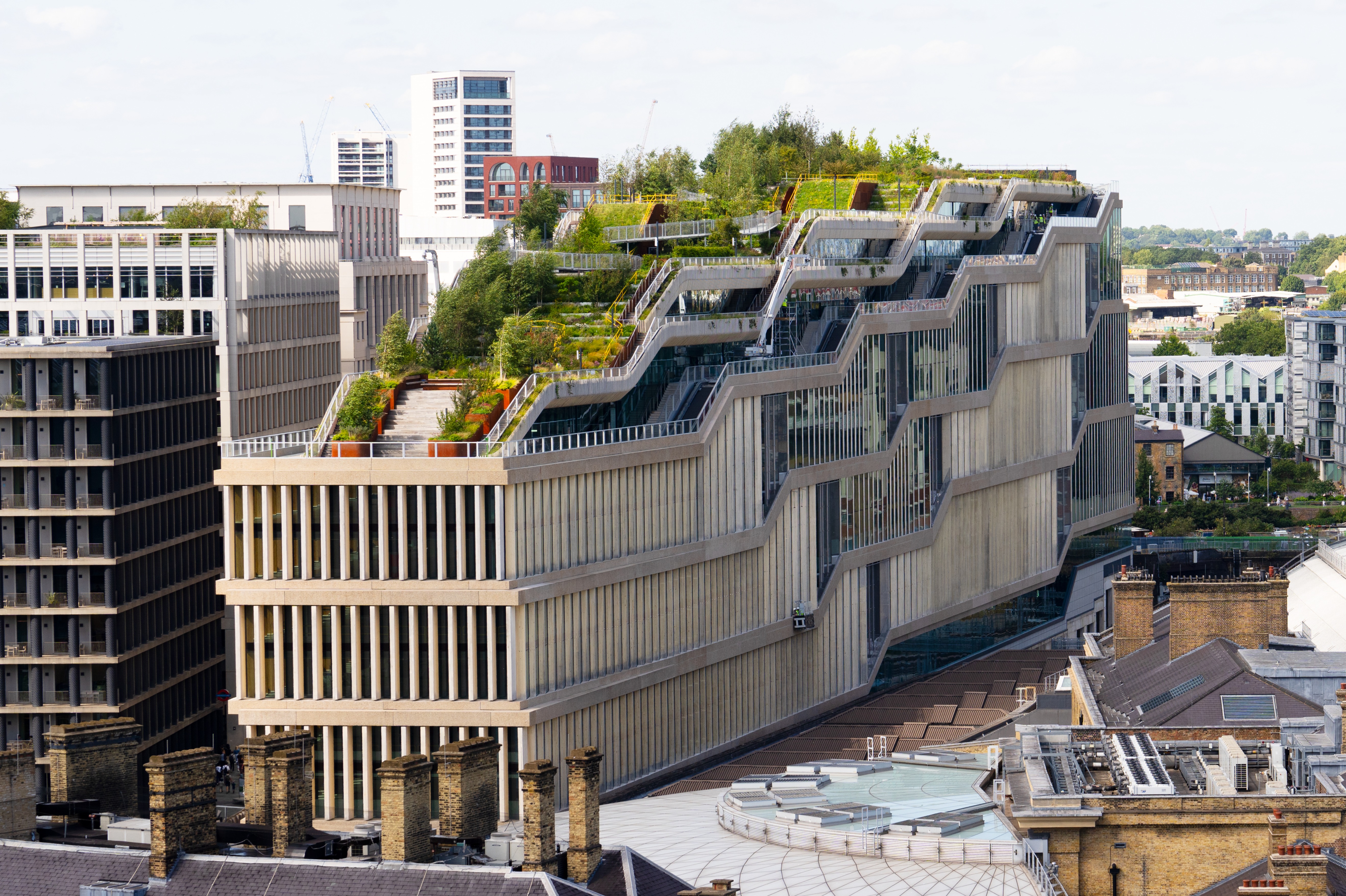 View of Kings Cross, including Kings Cross Station, Google Landscaper, office buildings, and residential buildings.