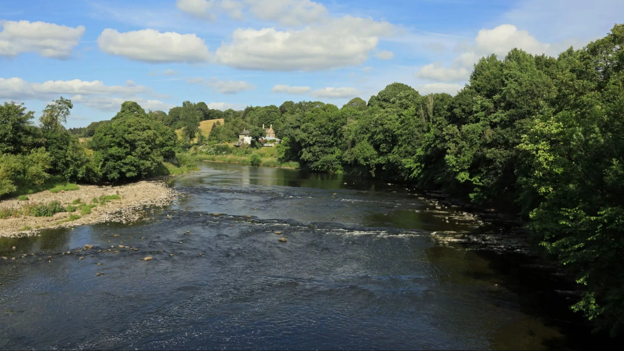 An image collage containing 1 images, Image 1 shows River Ribble in Hurst Green, Lancashire, with a house visible on the riverbank