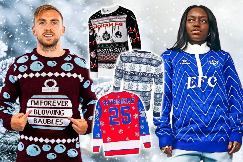 Collage of various sports-themed Christmas jumpers, including a Fulham FC jumper, a West Ham "I'm forever blowing baubles" jumper, an Everton FC jumper, and a Tottenham Hotspur jumper.