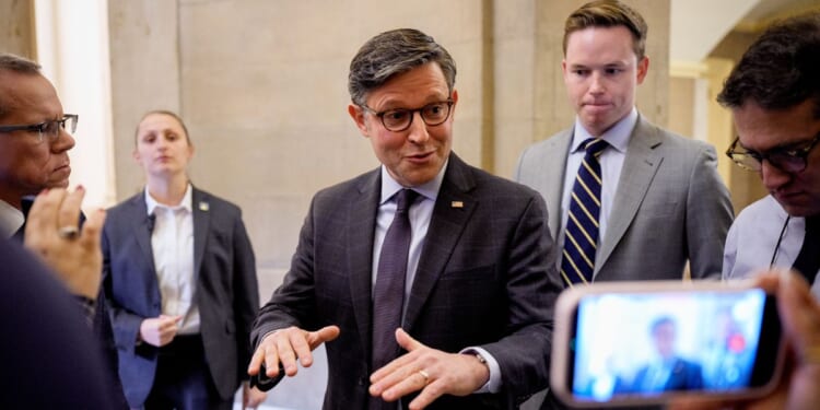 Speaker of the House Mike Johnson speaks to reporters outside his office at the U.S. Capitol Building on Dec. 3, 2025, in Washington, D.C.
