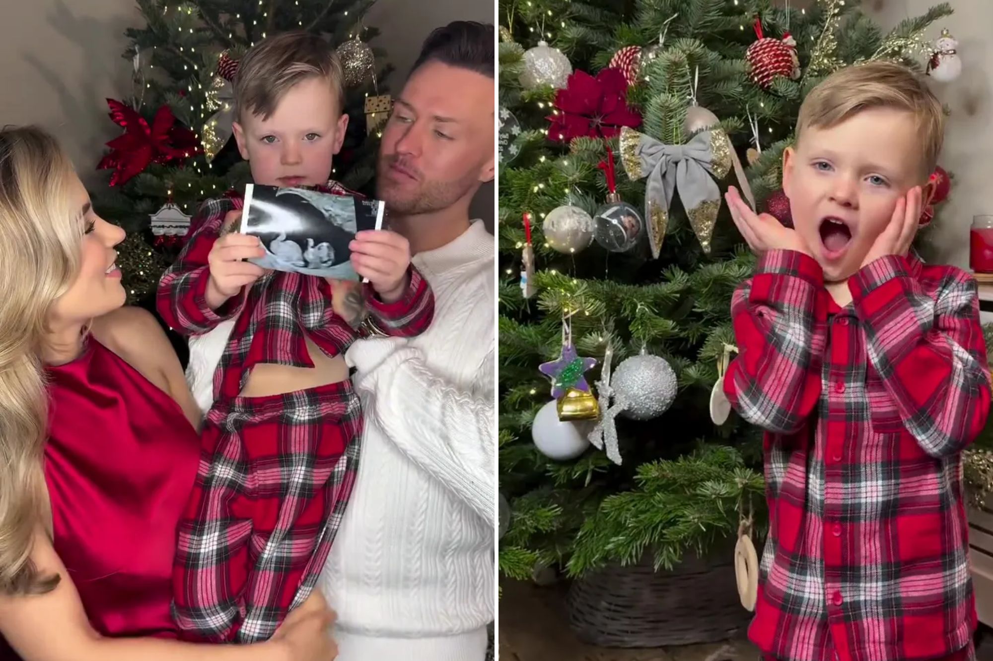 An image collage containing 2 images, Image 1 shows A man and woman smiling at a young boy holding a baby ultrasound image in front of a Christmas tree, Image 2 shows A child wearing red plaid pajamas, standing in front of a decorated Christmas tree with hands cupped around his face and mouth open in an excited expression