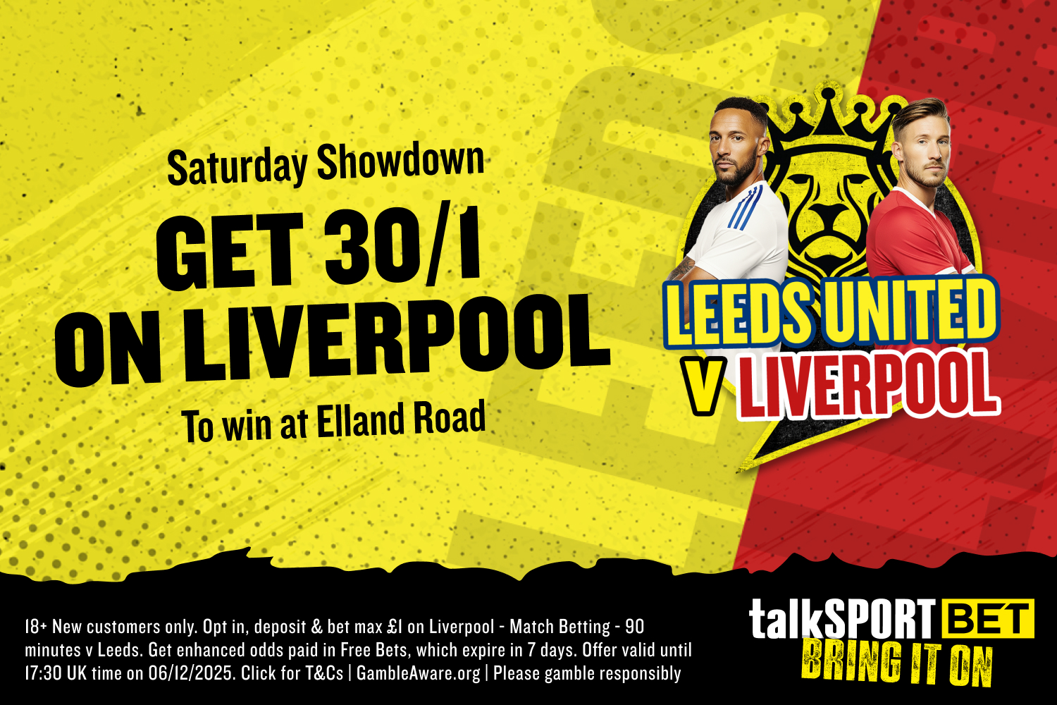 An advertisement for betting on Liverpool to win against Leeds United, with 30/1 odds.