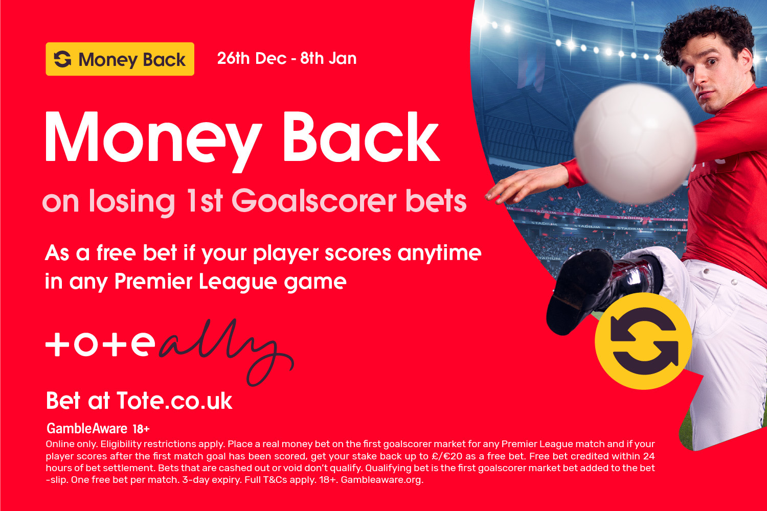 Football player kicking a white ball with a "Money Back" offer on losing first goalscorer bets.