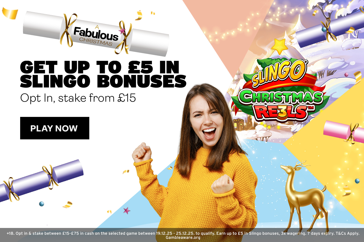 Promotion for Slingo Christmas Reels offering up to £5 in bonuses.