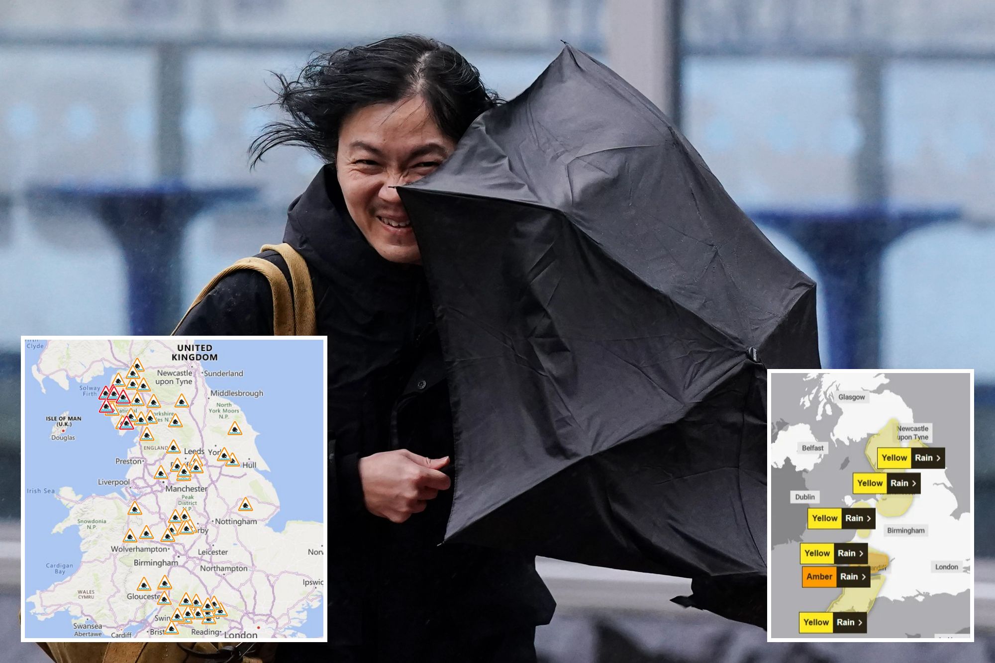 An image collage containing 3 images, Image 1 shows Winter weather Dec 9th 2025, Image 2 shows Map of the UK and parts of Europe showing Met Office rain warnings, with areas of yellow and amber warnings for rain across the UK, Image 3 shows Map of the United Kingdom and Ireland showing numerous flood warning symbols, with some in red indicating severe warnings, primarily across England and Wales