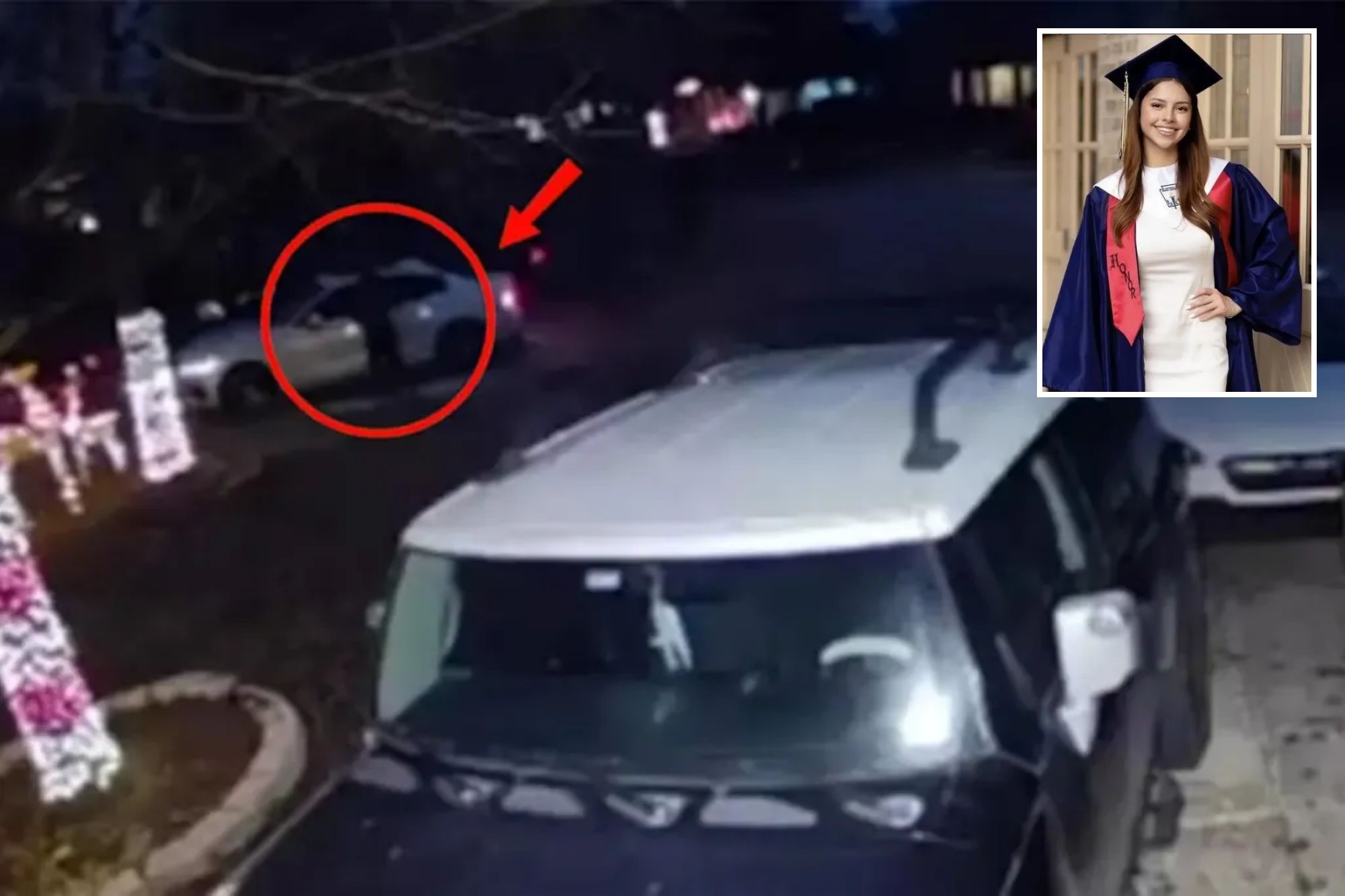 An image collage containing 2 images, Image 1 shows Nighttime surveillance footage showing Camila Olmos getting into a white car, Image 2 shows A smiling graduate wearing a blue cap and gown with a red "Honor" stole