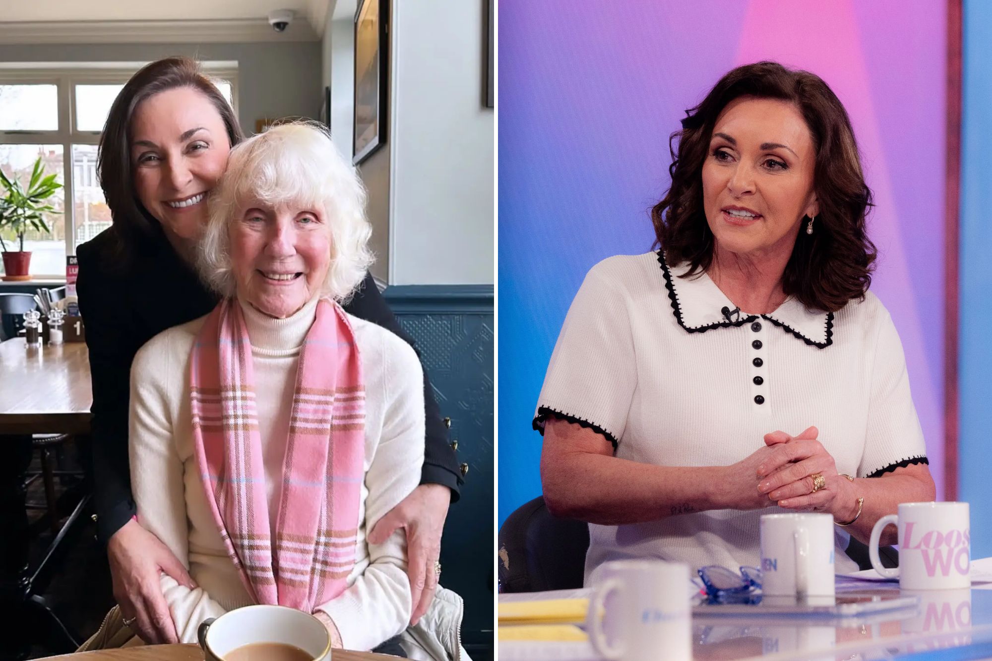 An image collage containing 2 images, Image 1 shows A woman smiling while embracing an older woman with white hair, Image 2 shows Shirley Ballas on 'Loose Women' TV show