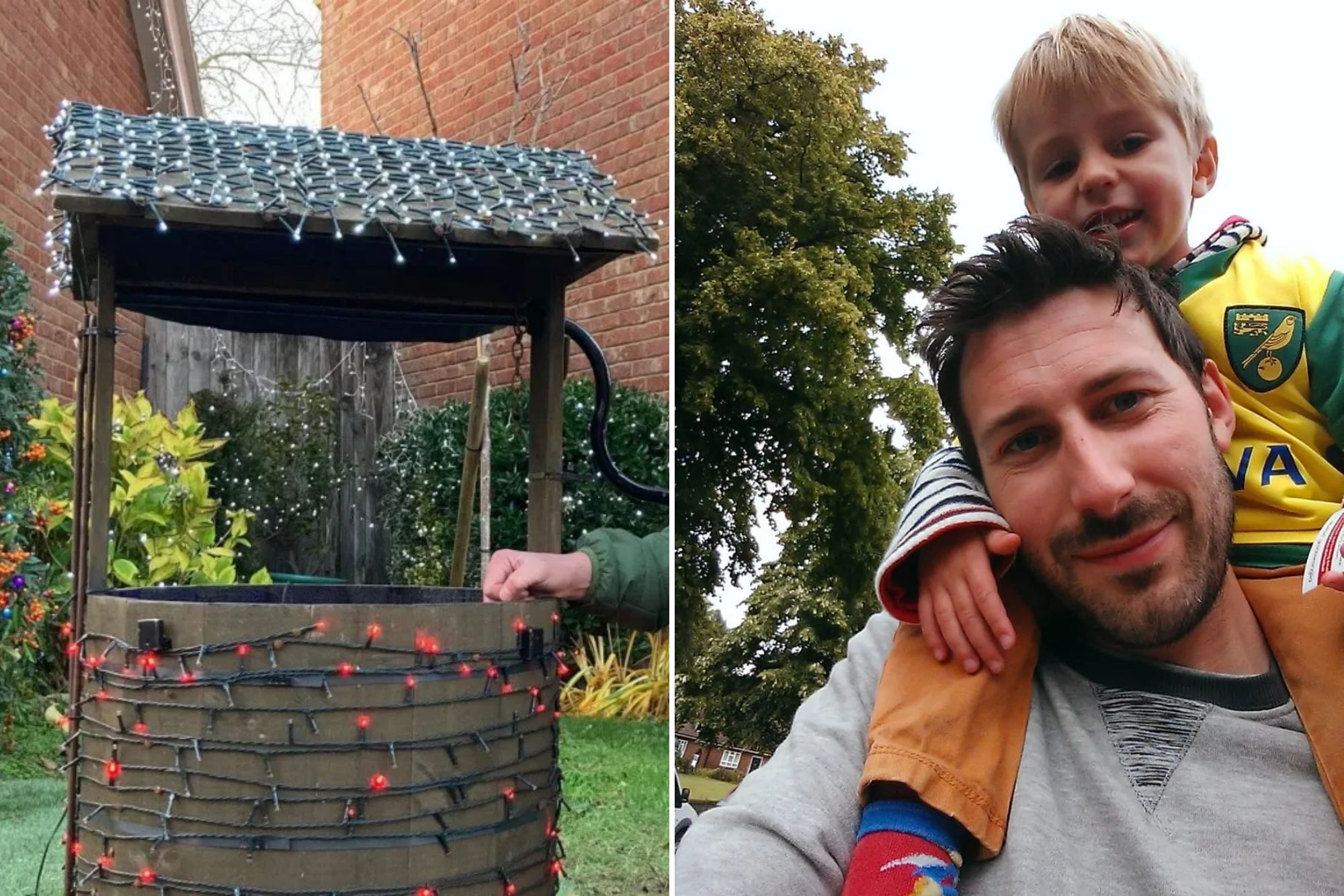 An image collage containing 2 images, Image 1 shows A man kneeling next to a wishing well decorated with Christmas lights, Image 2 shows Tristan Cork and Finnbar Cork, a father and son, with Finnbar sitting on his father's shoulders
