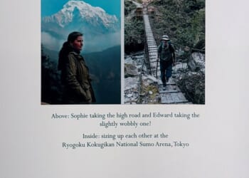 The Duke and Duchess of Edinburgh have showed off new pictures of their trip to Japan in their Christmas card this year - one shows the prince crossing a rickety wooden bridge during a hike while the other  shows Sophie posing in front of a huge snow covered mountain