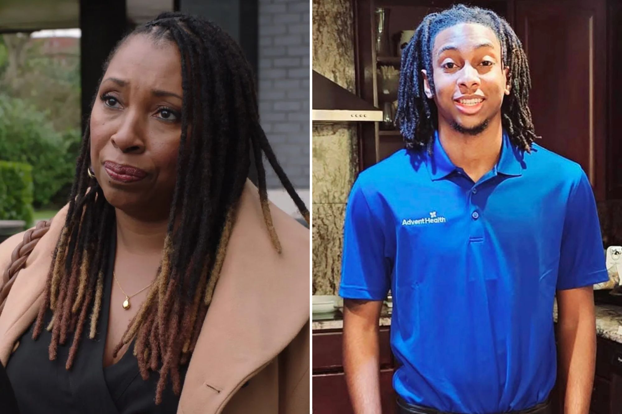 An image collage containing 2 images, Image 1 shows Max McGerry (Jo Martin) wearing a camel coat and black dress, talking to someone whose back is to the camera, Image 2 shows Jo Martin's grand-nephew, who died at age 21, posing in a blue Advent Health polo shirt