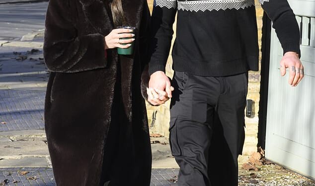 Holly Ramsay and Adam Peaty held hands as they joined her family on a Christmas morning walk - as his estranged mother and father stepped out alone two days before their big A-list wedding