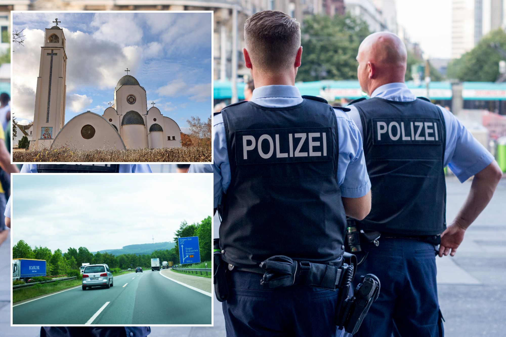 An image collage containing 3 images, Image 1 shows Three German police officers with "Polizei" written on their backs face away from the camera in a city setting, Image 2 shows NINTCHDBPICT001042468774, Image 3 shows Driving on highway A45 Sauerlandlinie