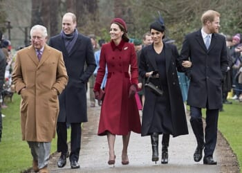 Seven months after her fairytale royal wedding in May 2018, Meghan Markle joined the Firm for their annual Sandringham festivities. Pictured: now King Charles, Prince William, Kate Middleton, Meghan Markle and Prince Harry arrive at St Mary Magdalene Church in 2018