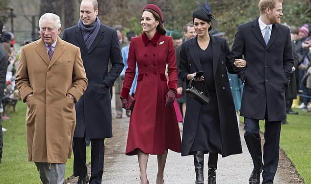 Seven months after her fairytale royal wedding in May 2018, Meghan Markle joined the Firm for their annual Sandringham festivities. Pictured: now King Charles, Prince William, Kate Middleton, Meghan Markle and Prince Harry arrive at St Mary Magdalene Church in 2018
