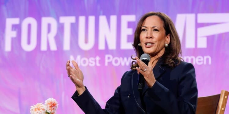 Former Vice President Kamala Harris speaks onstage during the Fortune Most Powerful Women Gala 2025 at Washington National Cathedral on Oct. 14, 2025, in Washington, D.C.
