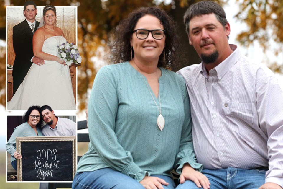 Collage of a couple's wedding photo, a photo of them smiling with a chalkboard sign that reads "Oops we did it again", and a current photo of them sitting outdoors.