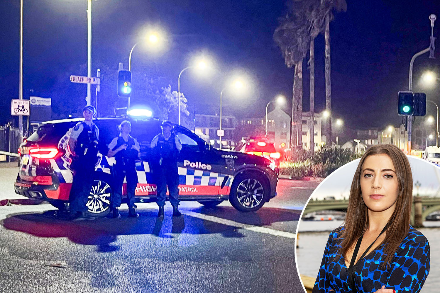 Collage of a night scene with police officers and a police car, and a headshot of Noa Hoffman.