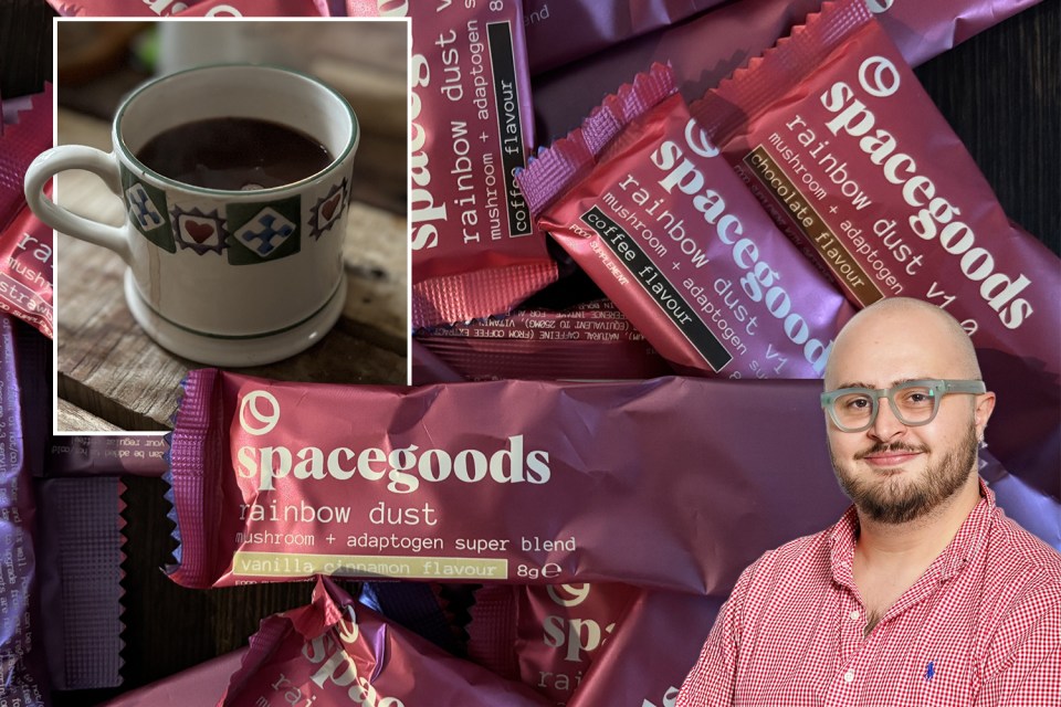Collage of a mug of coffee, packets of "spacegoods rainbow dust" supplement, and a man wearing glasses and a red and white checkered shirt.