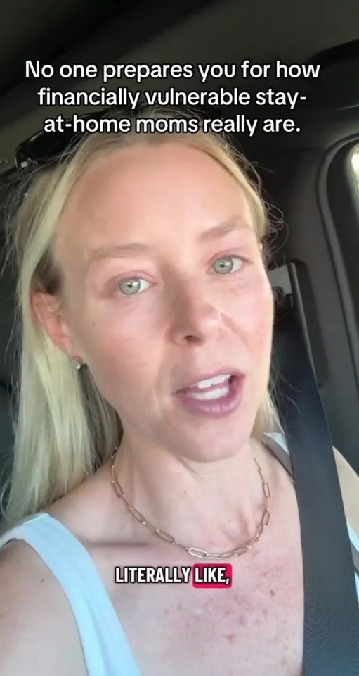 A woman with blonde hair and a white tank top looks at the camera, with text about financially vulnerable stay-at-home moms.