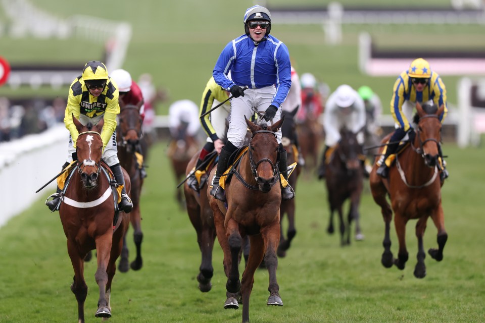 Jonjo O'Neill Jr. riding Poniros celebrates winning the JCB Triumph Hurdle at Cheltenham Racecourse.