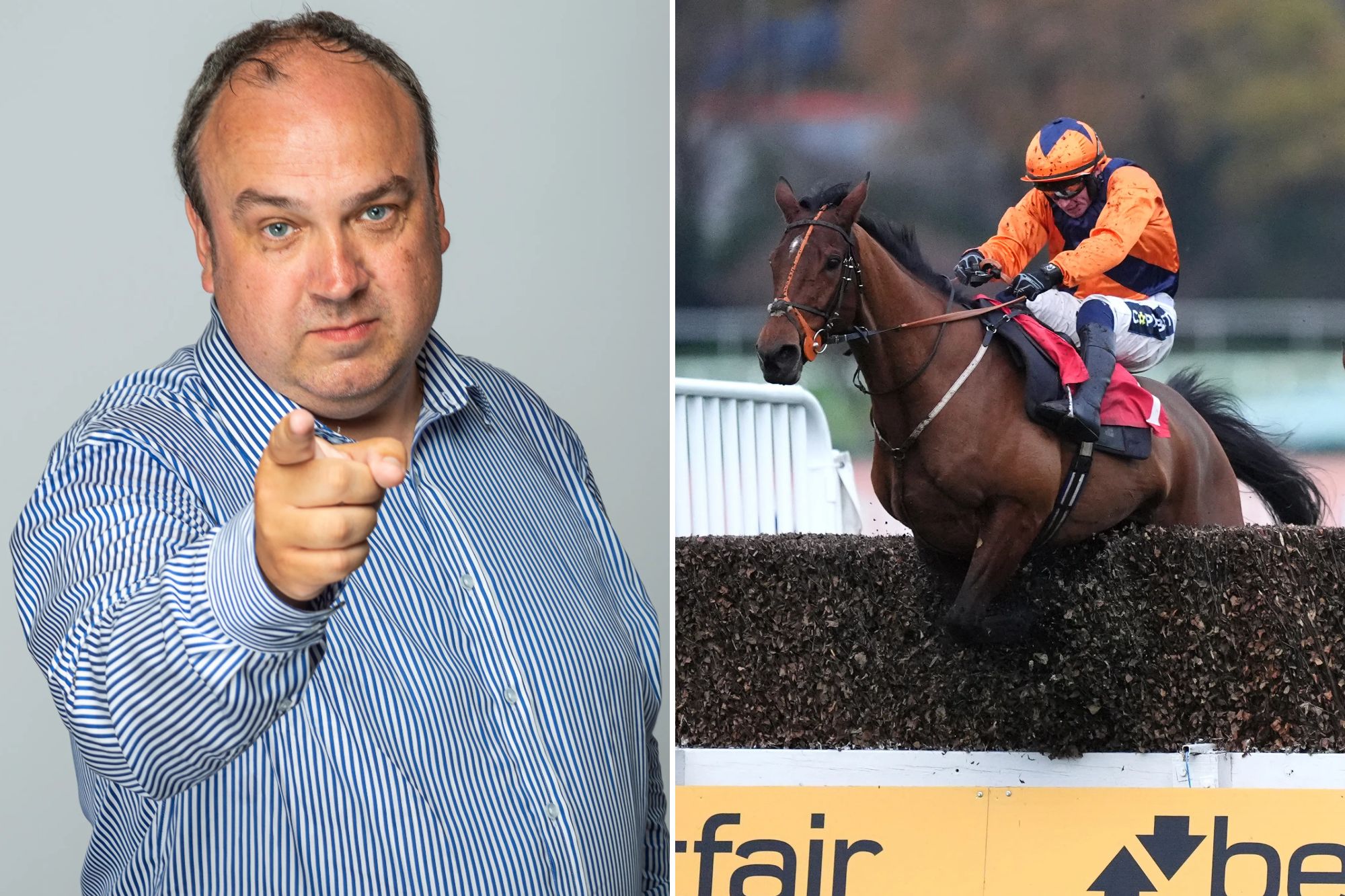 An image collage containing 2 images, Image 1 shows Steve Mullen in a blue and white striped shirt pointing his finger forward, Image 2 shows Welcome To Cartries ridden by Harry Cobden (right) winning the Bet At Your Best With Betfair Handicap Chase with In d'Or ridden by Jonathan 'JJ' Burke third at Sandown Park