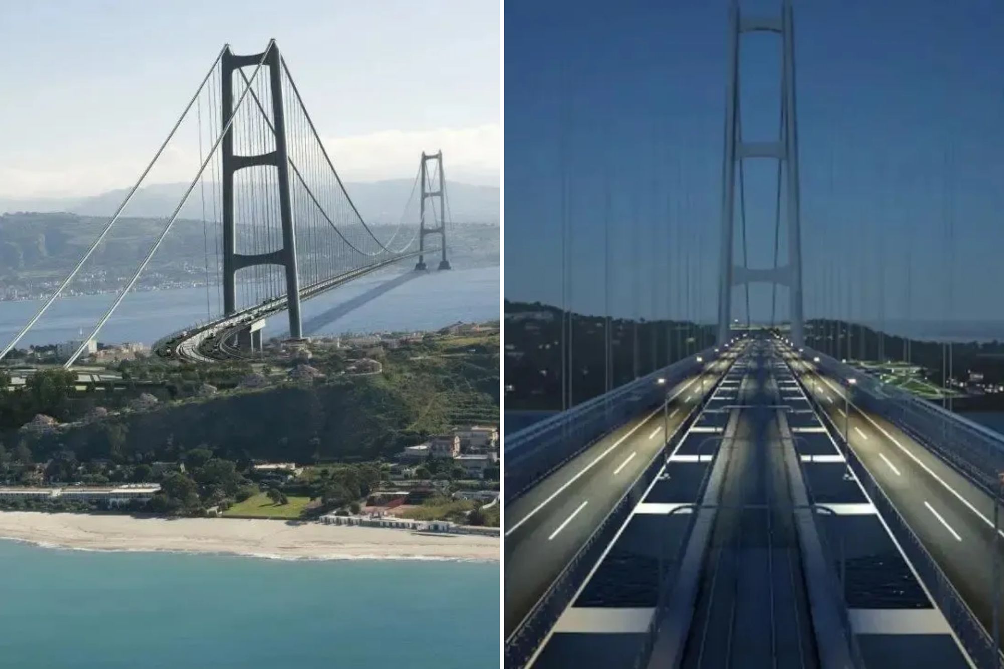 An image collage containing 2 images, Image 1 shows Aerial view of the Strait of Messina bridge, Image 2 shows Nighttime view of the Messina Strait bridge