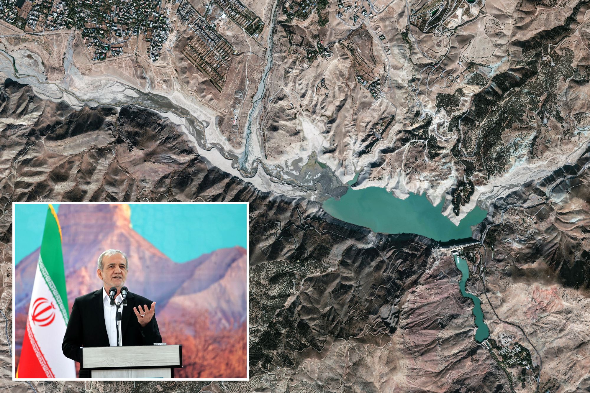 An image collage containing 2 images, Image 1 shows A satellite view shows reduced water level in the Latian Dam, in Lavasan, Image 2 shows Iranian President Masoud Pezeshkian speaks during a meeting in Ilam
