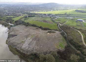 An aerial view of the tip, with the Countryside Adventure Park behind and the former Herefordshire and Gloucestershire Canal in front