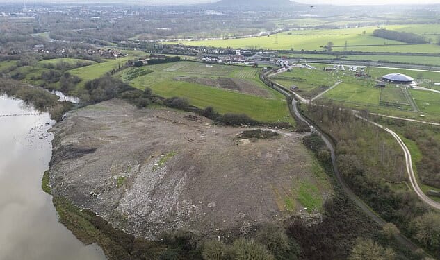 An aerial view of the tip, with the Countryside Adventure Park behind and the former Herefordshire and Gloucestershire Canal in front